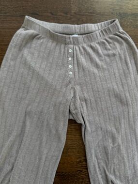 LESET Ribbed Button-Front Knit Pants in Taupe Beige